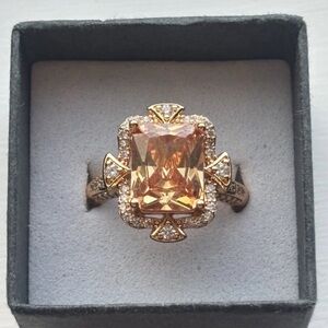 Rose Gold Plated Champagne Crystal Statement Ring 7 Emerald Cut Halo Cocktail